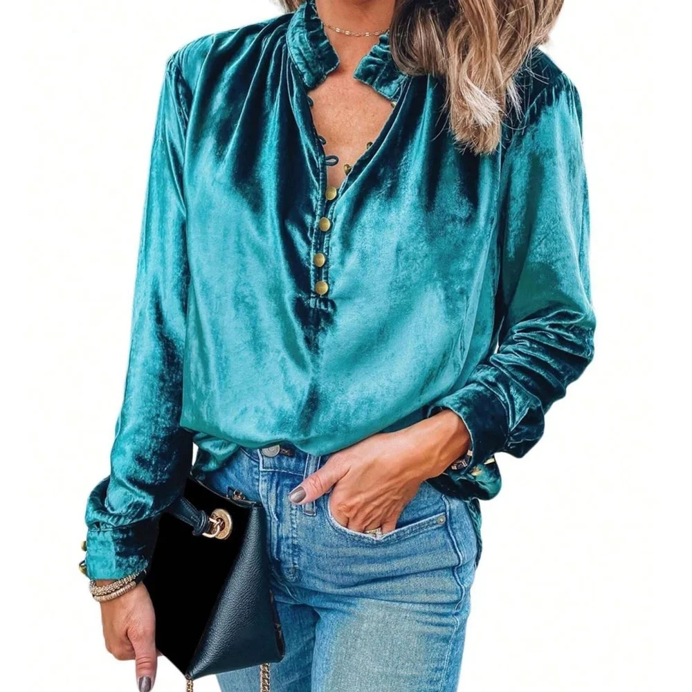 Luxe Teal Green Velvet Button up Frill Neck Long Sleeve Top - Picture 2 of 5